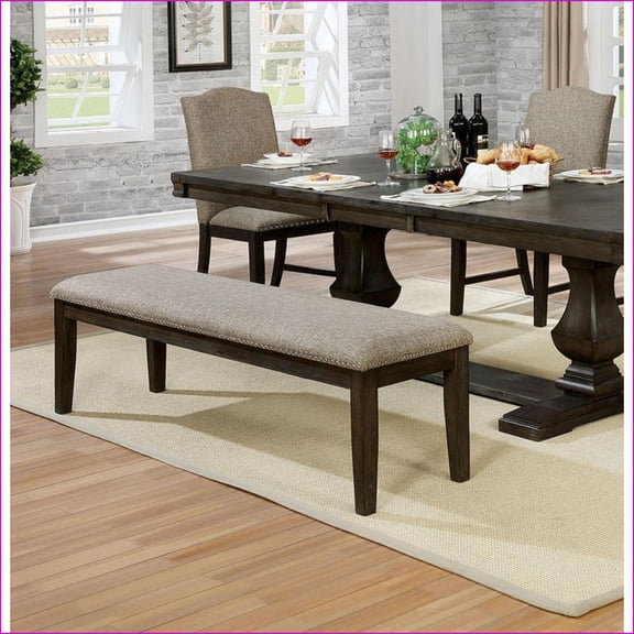 Dining Bench, Transitional Espresso Frame Warm Gray Fabric with Padded Seat/Back & Nailhead Trim | Espresso | Fabric
