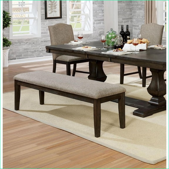 Dining Bench Transitional Espresso Solid Wood Frame Warm Gray Fabric with Nailhead Trim | Espresso | Fabric