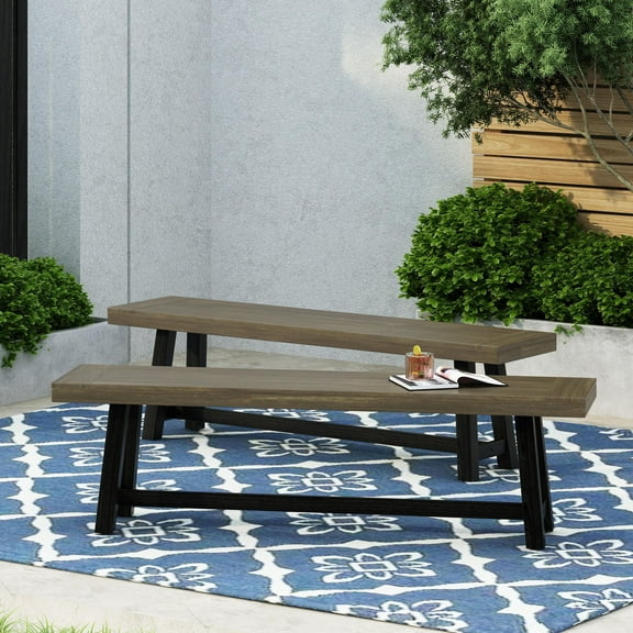 Dining Benches Acacia Outdoor Bench,Sandblast Gray Finish and Black,set of 2,Wooden Dining Benches