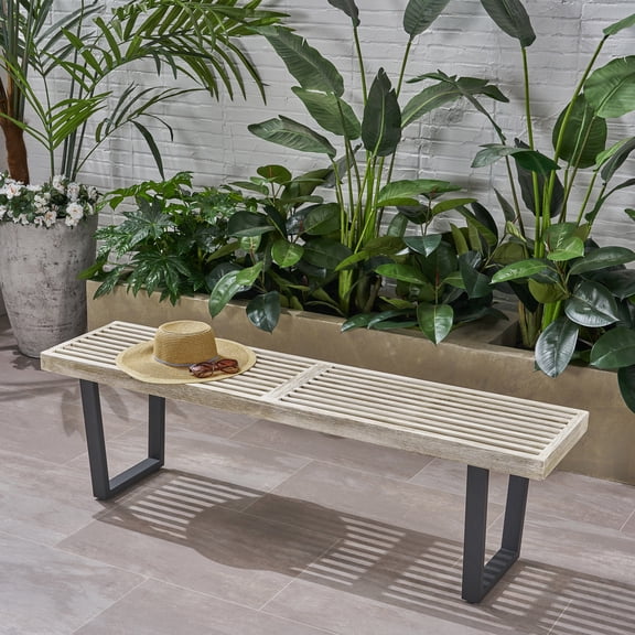 Dining Benches, Metal/Solid Wood Outdoor Bench, Black+ Gray Wooden Dining Benches,Acacia Wood Dining Benches With Storage, Furniture Dining Furniture Benches Metal/Solid Wood Outdoor Bench