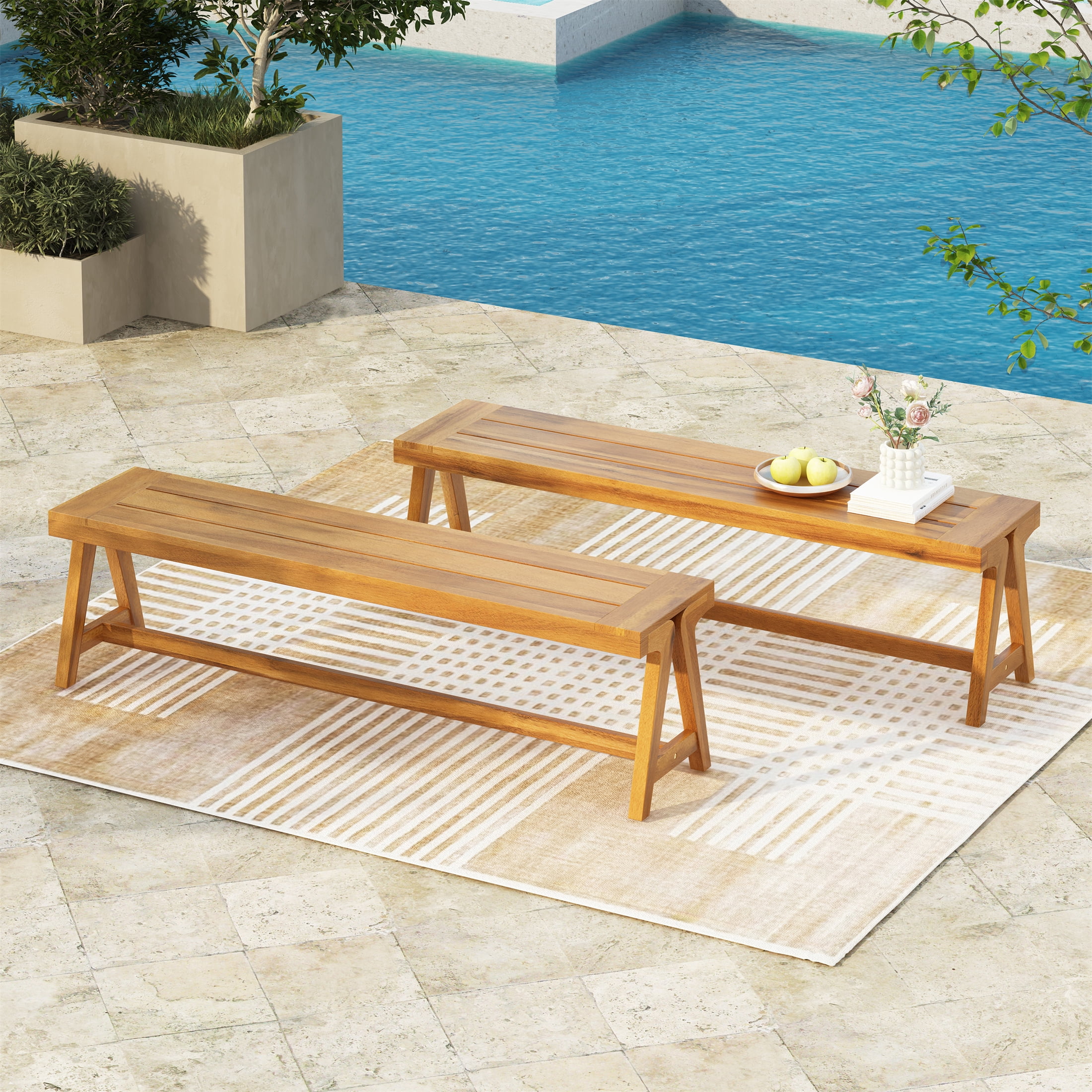 Dining Benches Set of 2, Outdoor Acacia Wood Patio Bench for Garden Deck, Teak