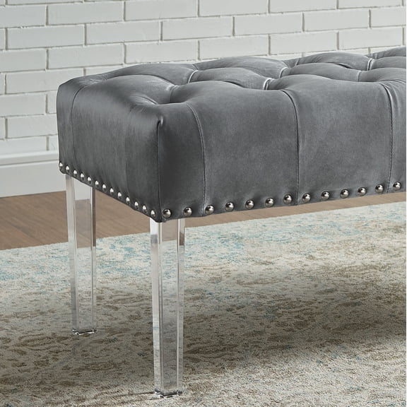 Dining Benches Valley Button Tufted Velvet Upholstered Bench with Acrylic Leg, Gray,Dining Benches With Storage