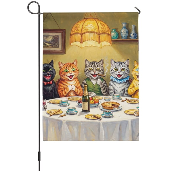 Dining Cats Garden Flags For Outdoor, Whimsical Animals Funny Abstract Small Double Side Yard Flags Weather Proof Garden Decor for Lawn Outside Holiday 12 x 18 Inches
