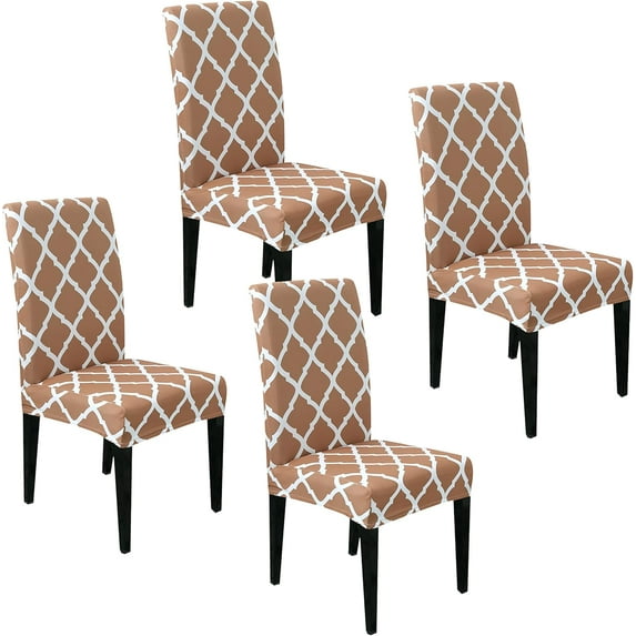 Dining Chair Cover Patterned Stretch Printed Parsons Dining Chair Cover Washable Removable Suitable Armless for Kitchen Hotel Restaurant Office Ceremony Universal Size (4 Piece, Light Camel)