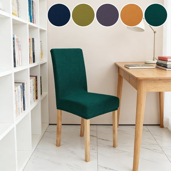 Dining Chair Cover Stretch Fit | Leaf Pattern Polyester Slipcover Dark Blue, Yellow, Purple, Gold, Green | Washable Seat Protector for Home Restaurant Wedding Banquet Decor | 1 Piece