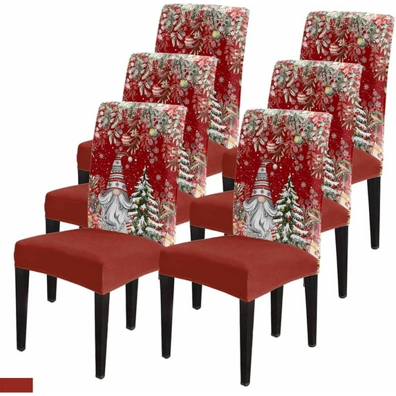 Dining Chair Covers, Christmas Tree Gnome Winter Poinsettia Berries X-mas Ball Pine Leaves Eucalyptus Stretch Parsons Chair Slipcovers Protector Kitchen Chair Cover for Dining Room, Set of 6
