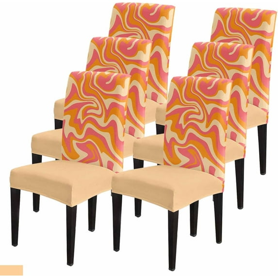 Dining Chair Covers, Orange Coral Fluid Art Abstract Texture Stretch Parsons Chair Slipcovers Protector Kitchen Chair Cover for Dining Room, Set of 6
