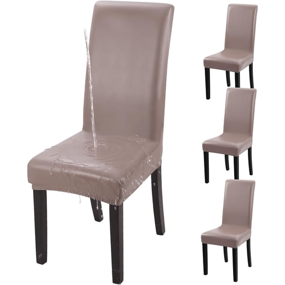 Dining Chair Covers, Pu Leather Chair Cover Stretch Dining Room Chair Slipcovers Washable Removable Kitchen Chair Protector for Dining Room (4, Dark Tan)