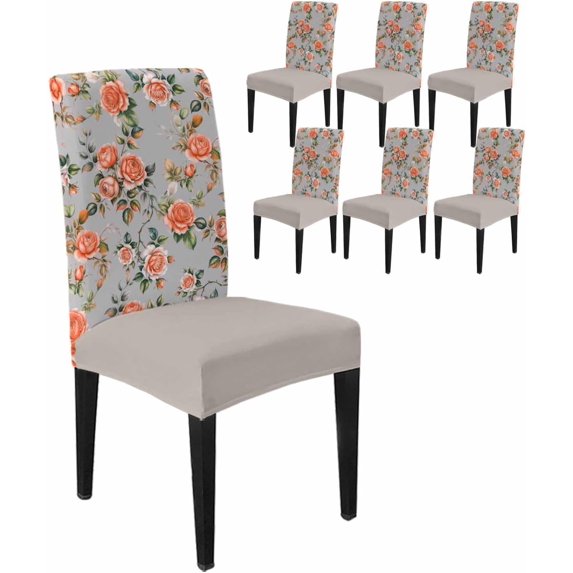 Dining Chair Covers Set of 4,Countryside Pastoral Flower Universal Stretch Kitchen Seat Covers Parsons Chair Protector Slipcover for Home Restaurant Party Decor,Turquoise Floral Grey Leaf