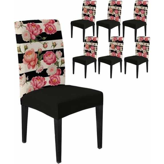 Dining Chair Covers Set of 4,Pastoral Pink Ombre Flower Universal Stretch Kitchen Seat Covers Parsons Chair Protector Slipcover for Home Restaurant Party Decor,Flower on Black White Stripe