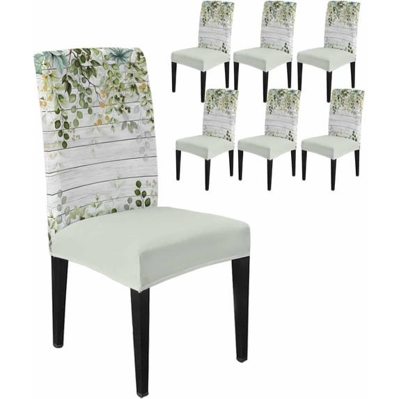 Dining Chair Covers Set of 4,Rustic Blue Ombre Eucalyptus Leaf Universal Stretch Kitchen Seat Covers Parsons Chair Protector Slipcover for Home Restaurant Party Decor,Leaves on White Wood Plank