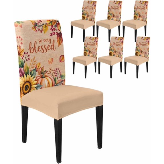 Dining Chair Covers Set of 6,Pumpkin Leaf on Orange Linen Universal Stretch Kitchen Seat Covers Parsons Chair Protector Slipcover for Home Restaurant Party Decor,Autumn Plant Thanksgiving Theme