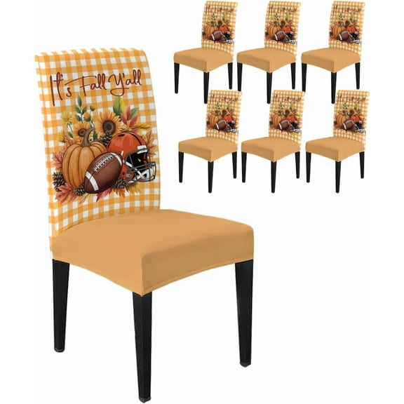 Dining Chair Covers Set of 6,Rustic Pastoral Sunflower Leaf Universal Stretch Kitchen Seat Covers Parsons Chair Protector Slipcover for Home Restaurant Party Decor,Fall Pumpkin Orange Check