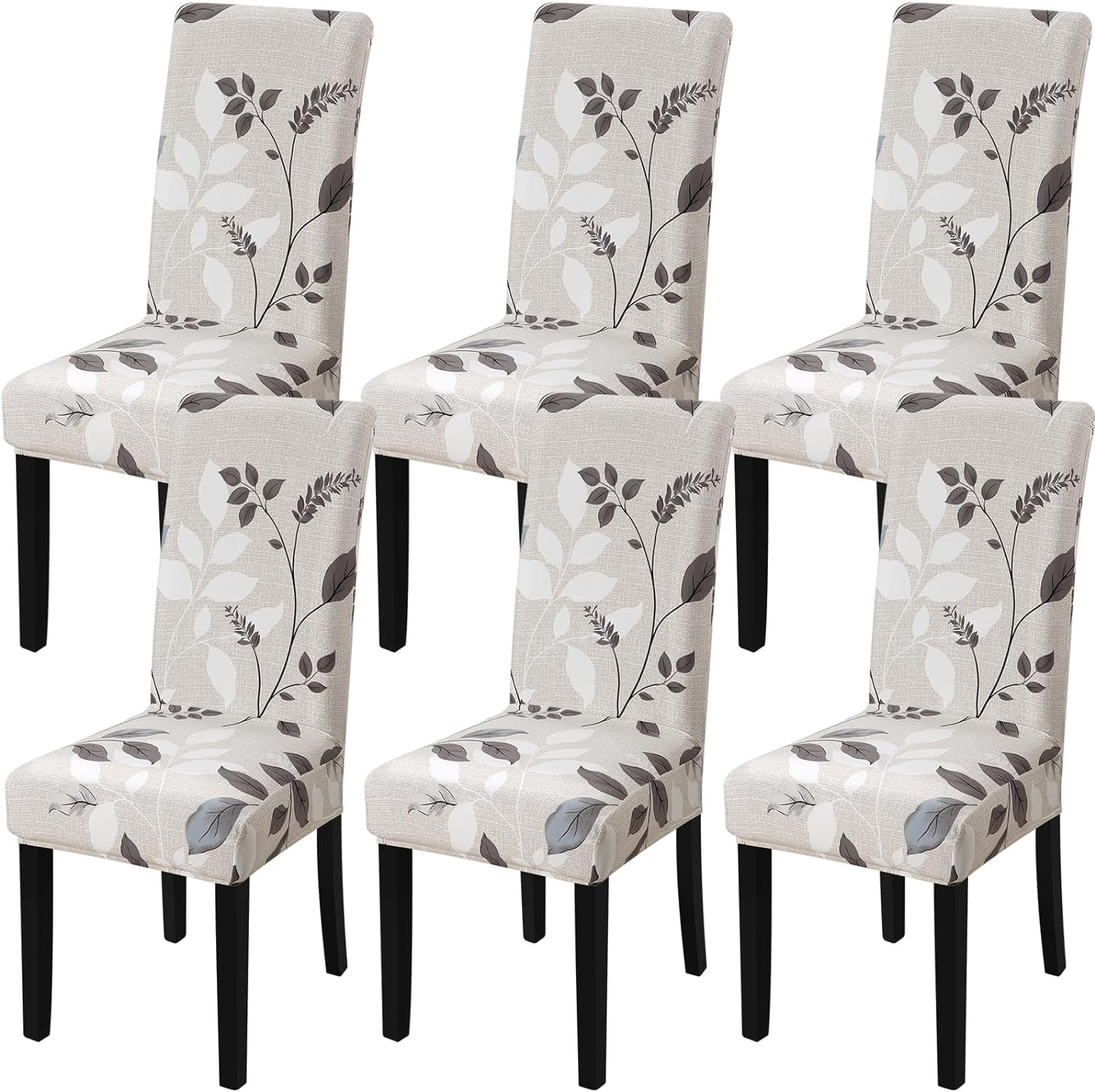 Set of 6 Beige Floral Stretch Dining Chair Covers