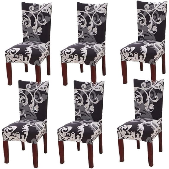 Dining Chair Covers, Stretch Removable Washable Dining Chair Protector Cover Seat Slipcover for Hotel, Dining Room, Ceremony, Banquet Wedding Party (Black/Grey, 6 PCS)