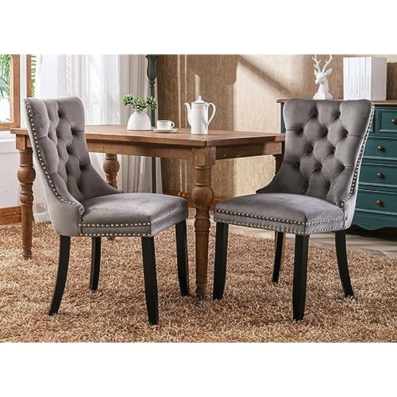Dining Chair with Nailhead and Back Ring Pull Trim, Set of 2, Velvet Dining Room Chair, High-end Tufted Upholstered Dining Chair with Solid Wood Legs for Kitchen Dining Room (Gray)$$Furniture