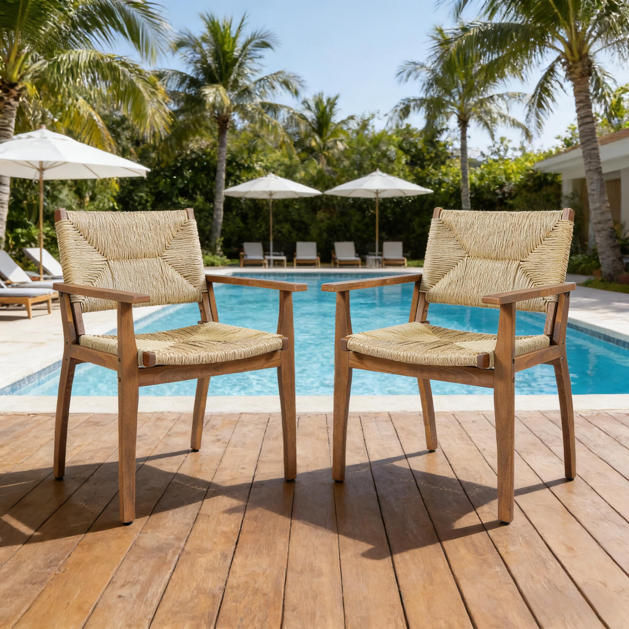 Dining Chair, Outdoor Acacia Wood Frame Handwoven Wicker Seat Chair for Patio Garden, Teak