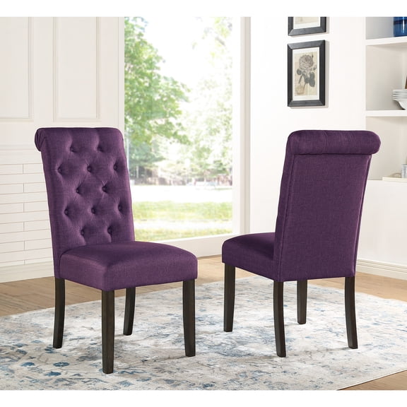 Dining Chair In Purple. Armless Style. Solid Wood With Tufting. Blend Upholstery. 18"w X 21"d 39.2"h Purple Chairs, Of 2. Button Seat. Frame. 18"x21"x39.2"