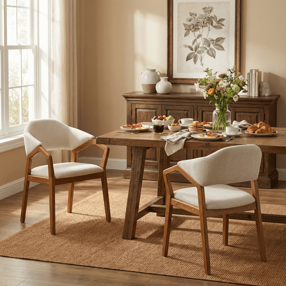 Dining Chair Set of 2, Beige Chenille Upholstered Armchairs with Teak Rubber Bent Wood Frame, Ergonomic Curved Backrest, 300lbs Capacity, 21.46"W x 31.1"H for Dining Room and Kitchen