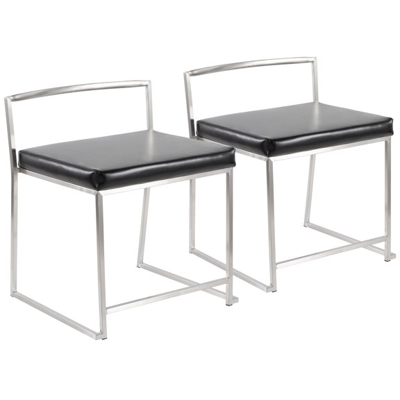 Dining Chair, Set of 2, Black Faux Leather Upholstered Padded Seats with Metal Frame, Stackable Contemporary Low Back Design for Dining Room, Office or Vanity, 250 lbs Weight Limit