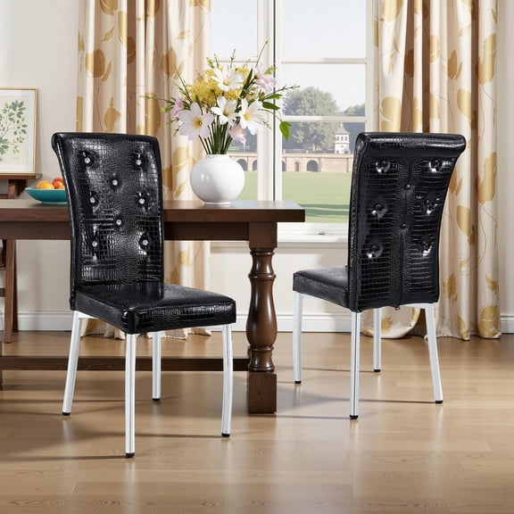 Dining Chair Set of 2, Crocodile-Embossed PVC Leather and Crystal Button Tufted, Upholstered Dining Room Chairs with Sturdy Metal Legs for Kitchen Restaurant and Living Room, Black & Silver