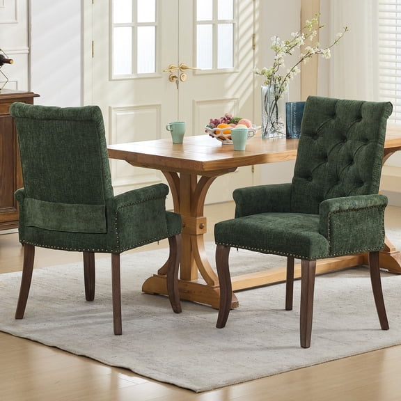 Dining Chair Set of 2, Legahome Kitchen Chairs with Arms, Mid Century Olive Green Accent Chairs with Button Tufted & Curved Wooden Legs, Chenille Upholstered Dining Room Chiars for Kitchen