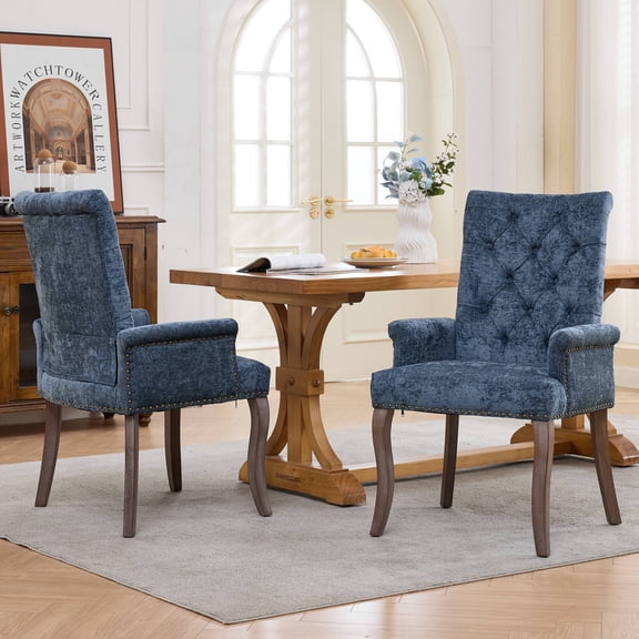 Dining Chair Set of 2, Legahome Mid Century Accent Chairs with Button Tufted & Curved Wooden Legs, Chenille Upholstered Arm Chair Accent Chair, Kitchen & Dining Room Chairs Set, Blue