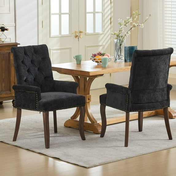 Dining Chair Set of 2, Legahome Mid Century Accent Chairs with Button Tufted & Curved Wooden Legs, Chenille Upholstered Arm Chair Accent Chair, Kitchen & Dining Room Chairs Set, Black