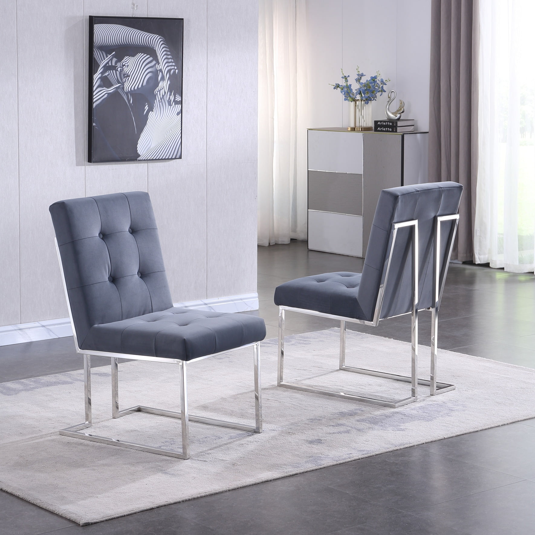 Recliner Chair Silver Grey Dining Room Chairs With Chrome Legs Dining Chair  Set Of 2, Linen, image size:1770x1770