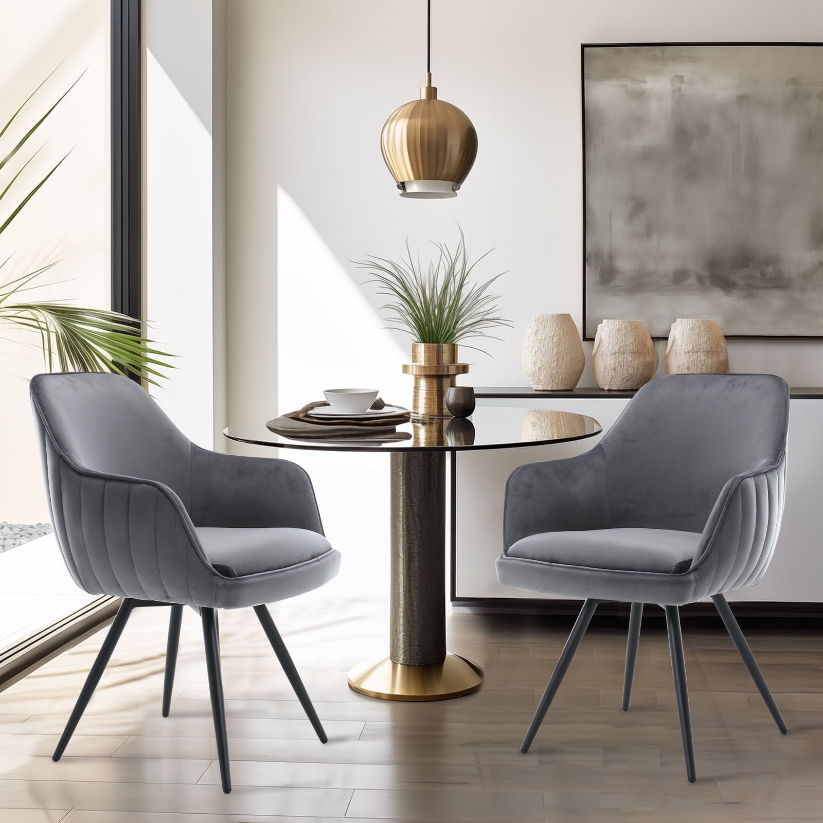 BFZ Dining Chair Set of 2, Modern Gray Velvet Upholstered Armchair