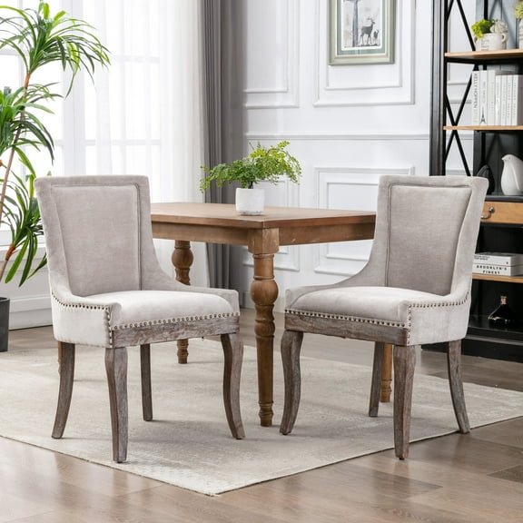 Set of 2 Dining Chairs, Upholstered Armless Chairs with Padded Cushion Backrest and Nailhead Trim, Modern Leisure Dining Chairs with Wood Legs for Kitchen Living Room, Beige