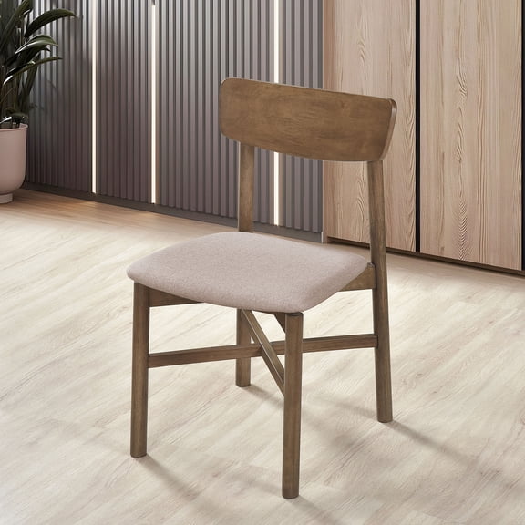 Dining Chair, Set of 2, Natural Walnut Wood Side Chairs with Tan Fabric Padded Foam Seats, Mid-Century Modern Minimalist Design, 31.5"H x 18.75"W x 20.75"D, for Dining Room Use