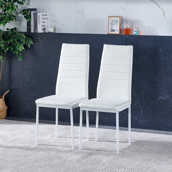 Dining Chair Set of 2, PU Leather Dining Chairs with Curved Back & Foot Cap Protection for Dining Kitchen Living Room, Living Room Side Chairs with Stable Frame Heavy Duty High Back Design ,White