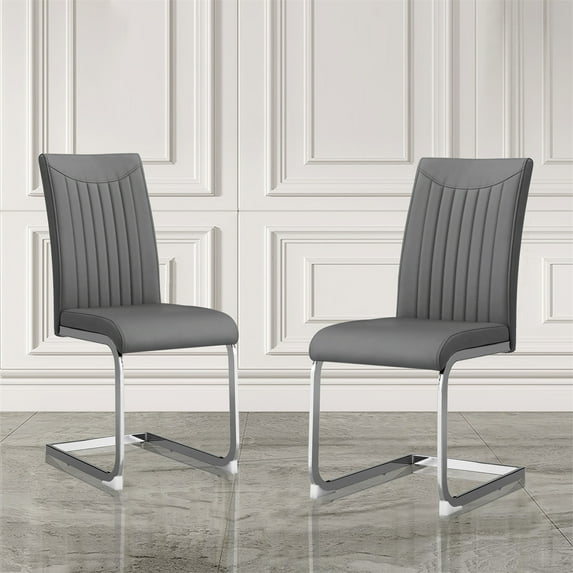 Dining Chair Set of 2, PU Leather Kitchen Chair with Vertical Stripe Backrest Pattern, Upholstered Office Chair Side Chair with Metal Legs for Dining Room Kitchen Living Room, Gray