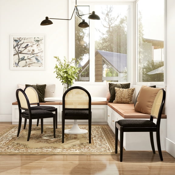 Dining Chair, Set of 2, Solid Oak Wood Frame with Resin Cane Rattan Webbing Back, Ebony Black Boucle Faux Lambskin Upholstery, 18.5" Seat, Modern Side Chairs for Dining Room