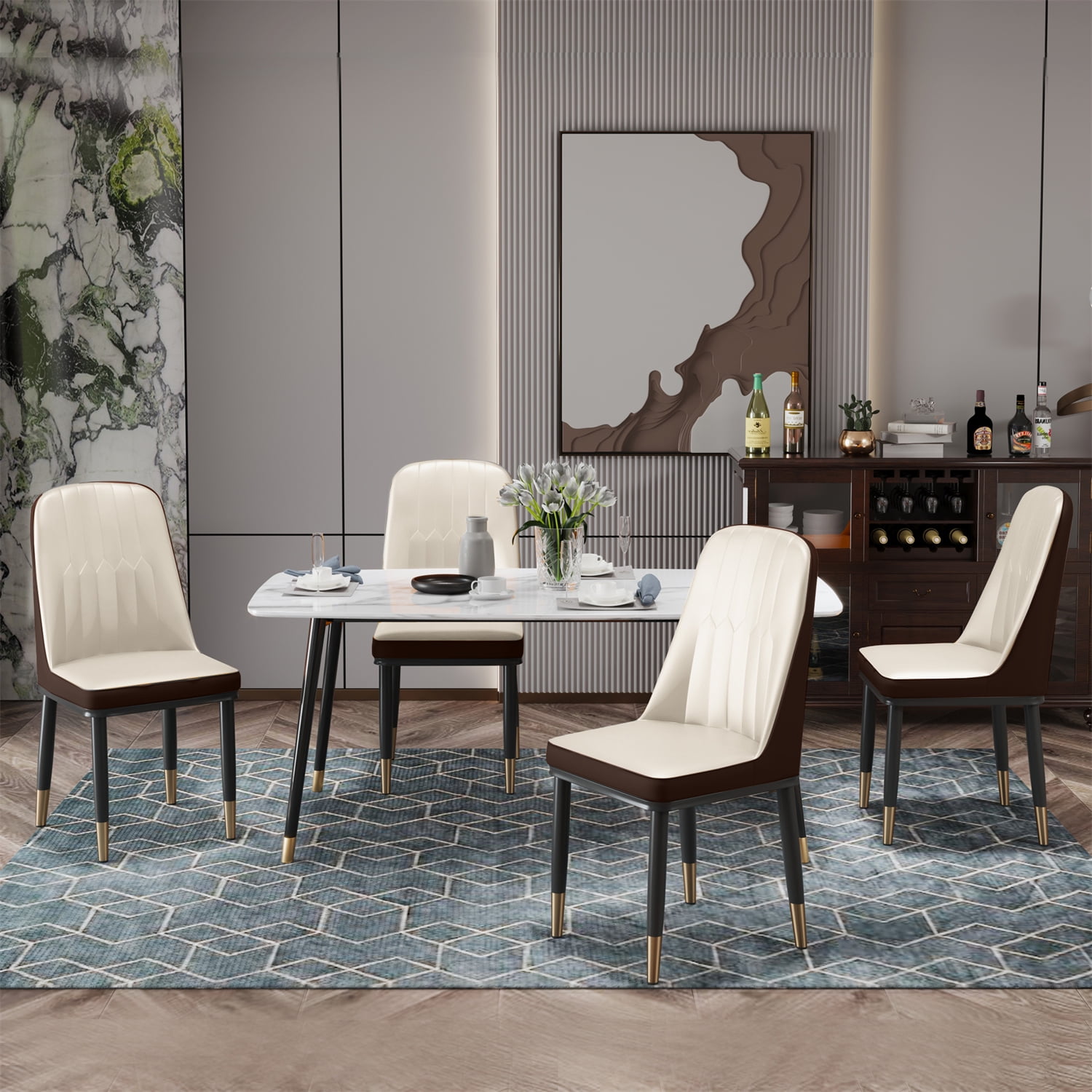 Dining Chair Set of 4, PU Leather Upholstered Kitchen Chairs with High ...