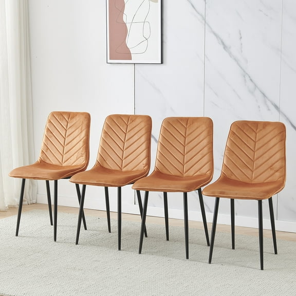 Dining Chair Set of 4, Velvet Dining Chairs with Curved Back & Foot Cap Protection ,Mid Century Modern Upholstered Side Chairs with Metal Black Legs for Dining Kitchen, Living Room,Orange