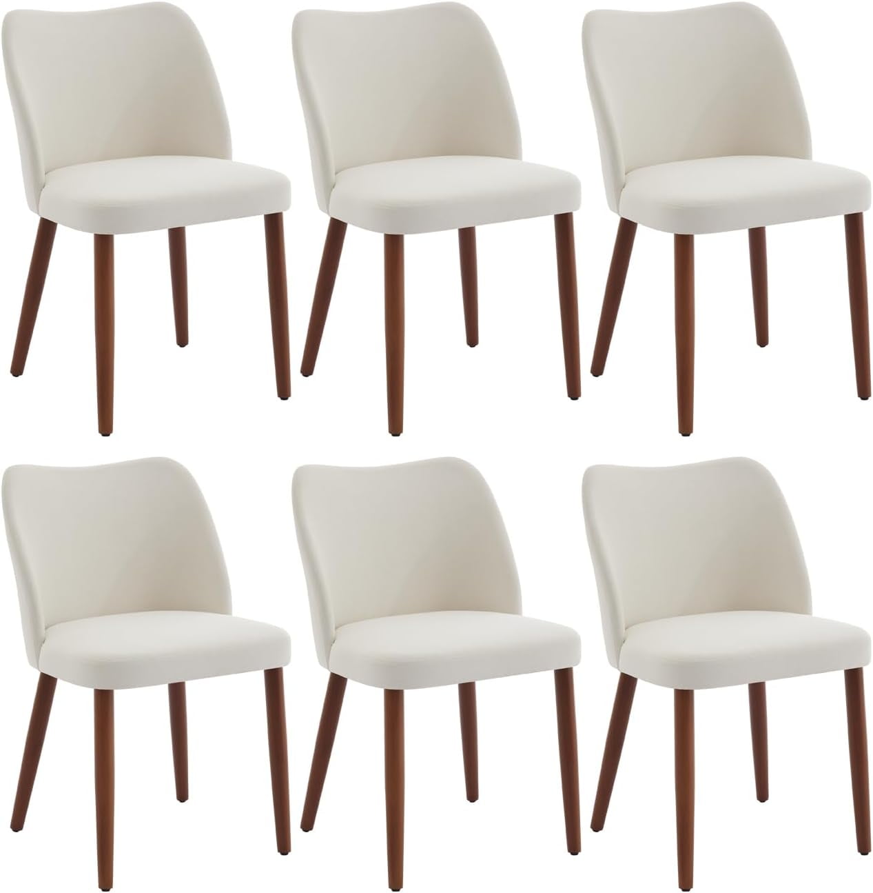 Dining Chair Set of 6, Linen Upholstered Dining Chair with Solid Wood Legs, Wing Backrest, Wooden Kitchen Chair, Kitchen Chairs with Thick Cushions for Dining Room, Living Room, White