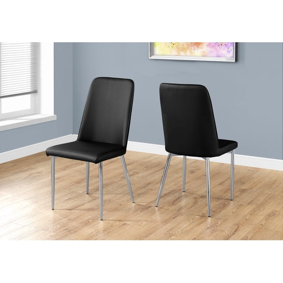 Dining Chair, Set Of 2, Side, Upholstered, Kitchen, Dining Room, Black Leather Look, Chrome Metal, Contemporary, Modern