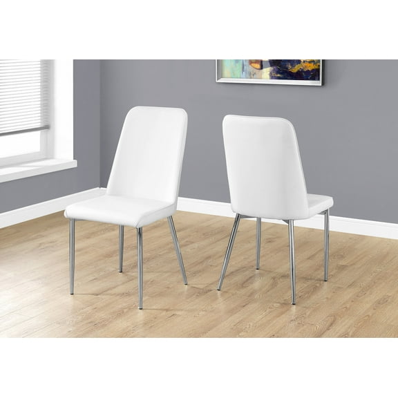 Dining Chair, Set Of 2, Side, Upholstered, Kitchen, Dining Room, White Leather Look, Chrome Metal, Contemporary, Modern
