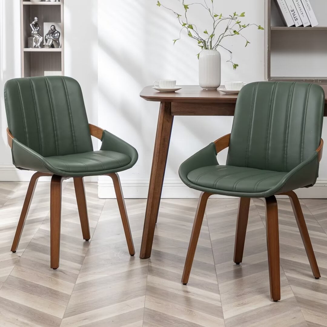 Green Faux Leather Upholstered Dining Chairs with Wood Legs