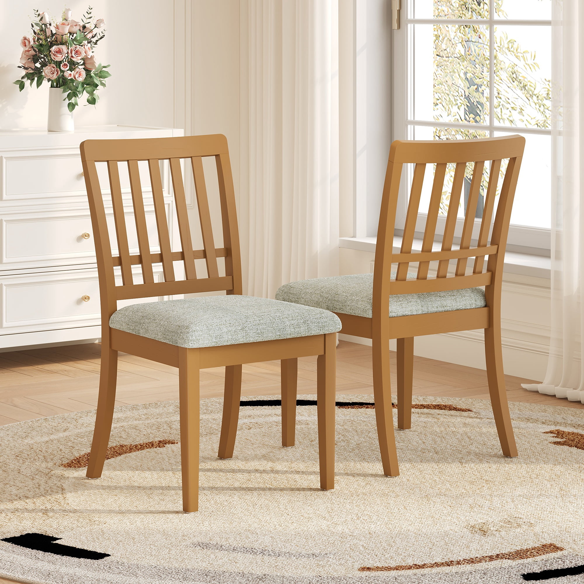 Dining Chair Set of 2, Curved Wood Backrest with Gray Fabric Seat for Dining Room Apartment, Light Brown