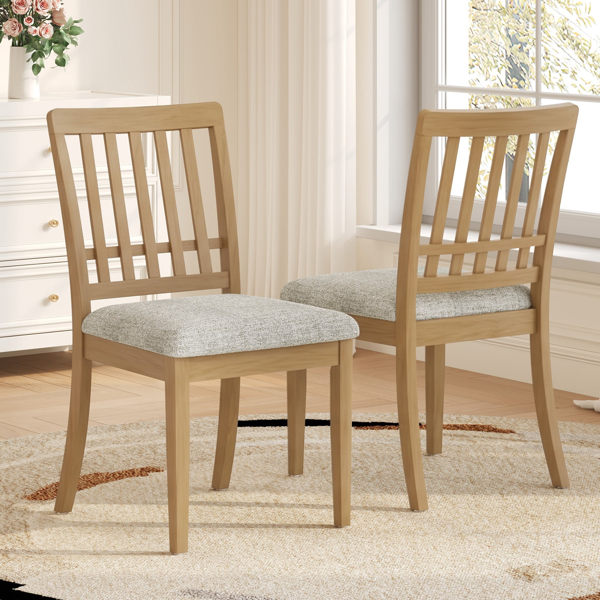 Dining Chair Set of 2, Curved Wood Backrest with Gray Fabric Seat for Dining Room Apartment, Natural