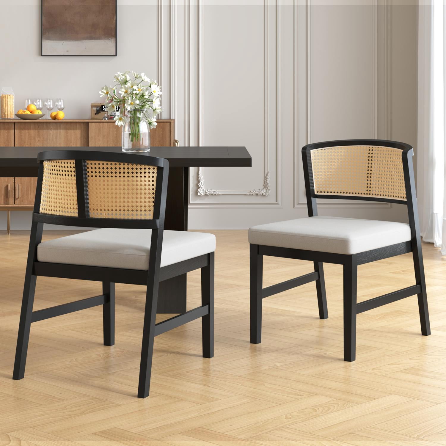 Dining Chair, Set of 2 Rattan Curved Backrest with Black Wood Frame and Beige Upholstered Seat, for Kitchen Dining Room Restaurant