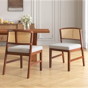 Dining Chair, Set of 2 Rattan Curved Backrest with Walnut Wood Frame and Beige Upholstered Seat, for Kitchen Dining Room Restaurant