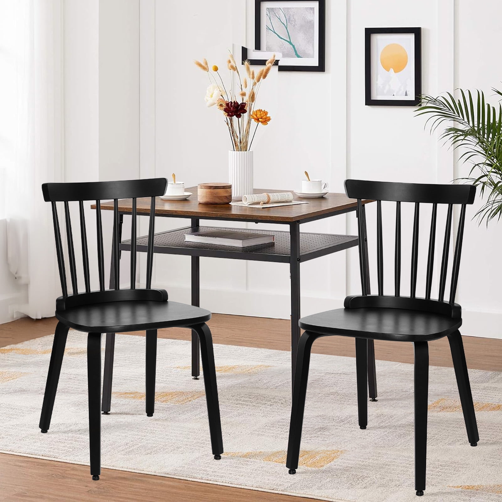 Black Solid Wood Windsor Dining Chairs, Set of 2
