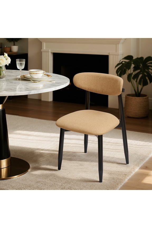 Dining Chair Set of 4, Upholstered Wooden Dining Chairs with Curved Back, Modern Fabric Kitchen Side Chairs, Khaki/Black