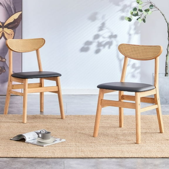 Dining Chair Set of 2 with Rattan Backrest & PU Cushion
