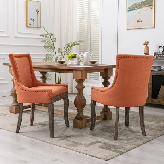 Dining Chair Sets of 2, Ultra Side Dining Chair Thickened Fabric Chairs with neutrally Toned Solid Wood Legs & Bronze Nail Head,Orange