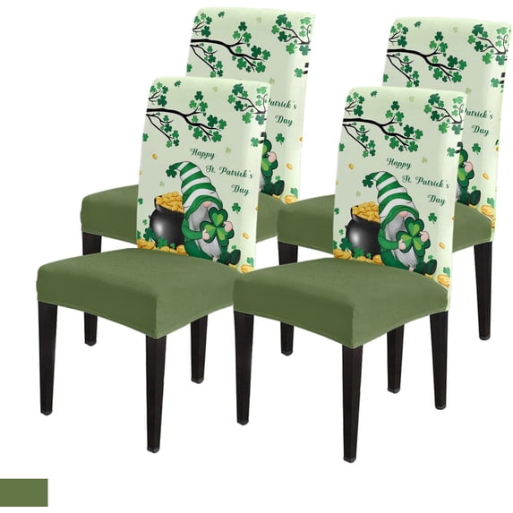 Dining Chair Slipcover, Happy St. Patrick''s Day Gnome Shamrock Leaves Tree Pot of Gold Spring Stretch Kitchen Chair Covers Removable Parsons Chair Protector Covers for Banquet Party, Set of 4